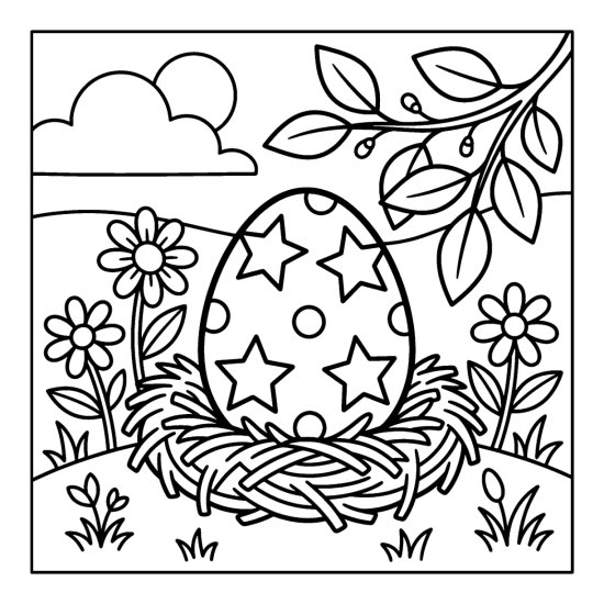 Easter egg decorated with bold stars resting inside a straw nest on the grass coloring page