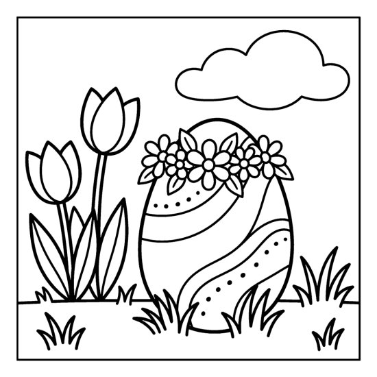 Decorated Easter egg wearing a crown of simple flowers around its top, coloring sheet