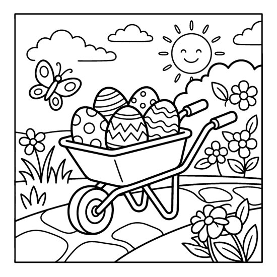 Small garden wheelbarrow holding four decorated eggs along a path in the sun, bold and easy