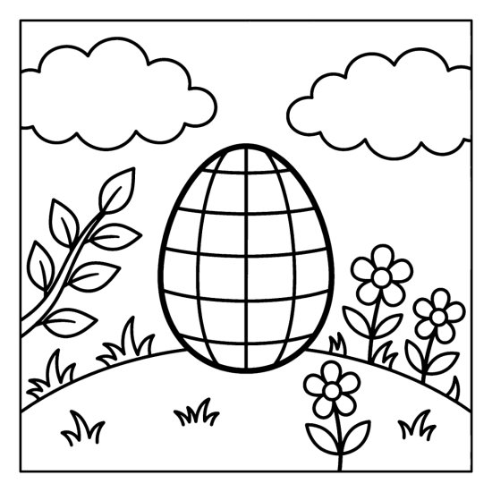 Easter egg with a bold checkerboard pattern standing upright on a grassy hill coloring page