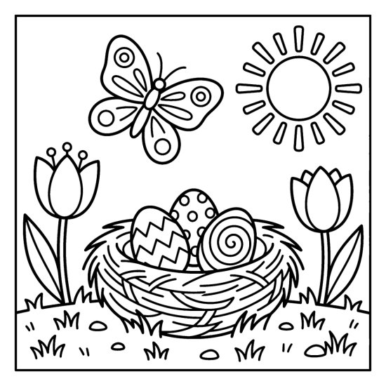 Round straw nest holding three small decorated eggs with a tulip on each side, coloring sheet