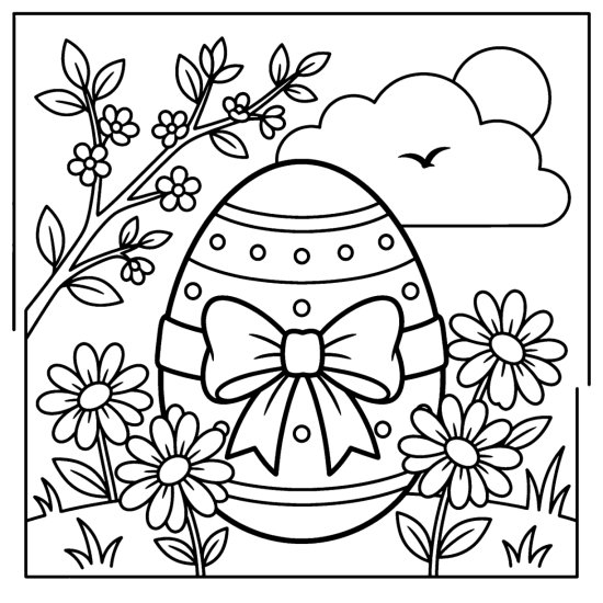 Large Easter egg wrapped with a wide ribbon tied in a bow among daisies, bold and easy
