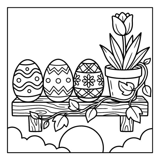 Three decorated Easter eggs sitting in a row on a simple wooden shelf coloring page