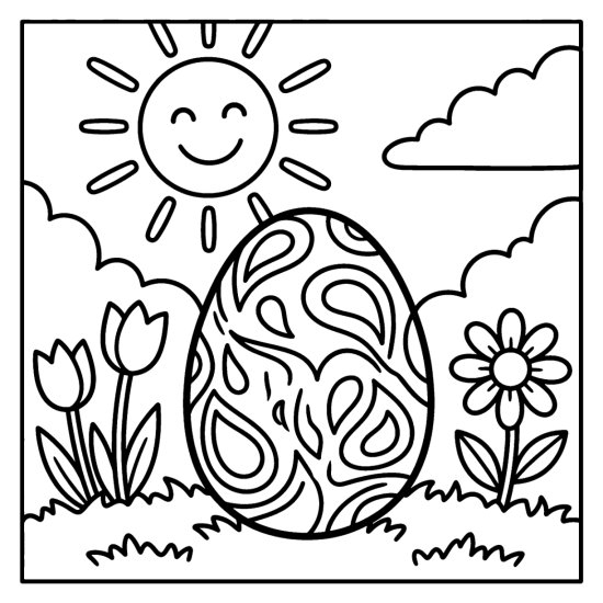Easter egg decorated with bold teardrop paisley shapes standing on grass, coloring sheet