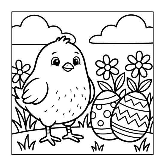 Round chick with two little legs standing beside two decorated eggs on grass, bold and easy