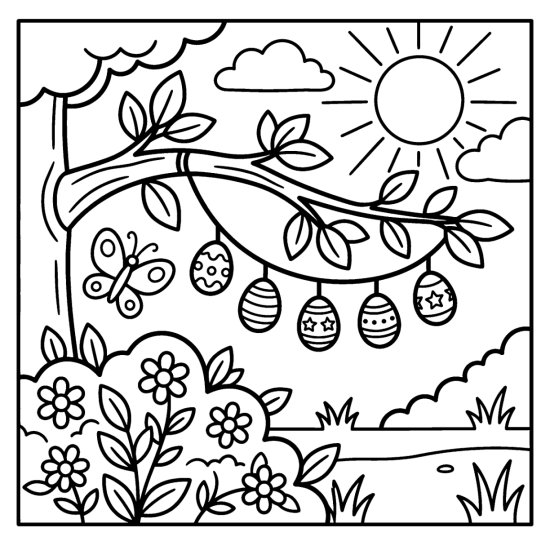 Garland of five small decorated eggs hanging from a leafy branch above a bush coloring page