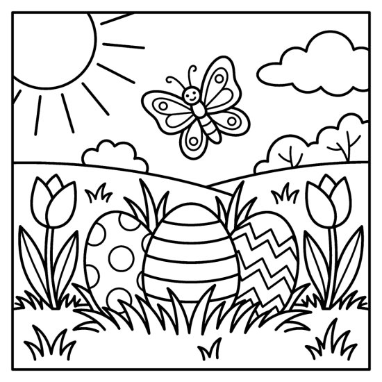 Three Easter eggs with stripes, dots and zigzag patterns nestled together in tall grass, bold and easy