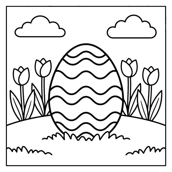Large Easter egg with bold wavy horizontal stripes resting on a grassy lawn, coloring sheet