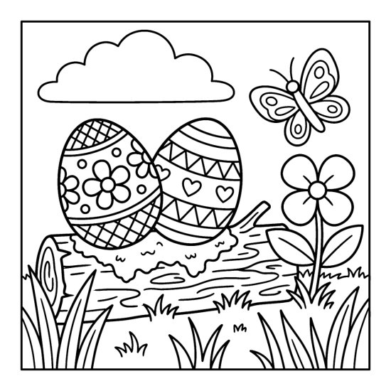 Two decorated eggs resting together on a mossy fallen log in a meadow, bold and easy
