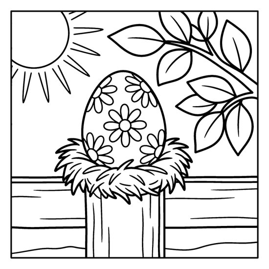 Easter egg covered in bold daisies resting in a straw nest on a fence post coloring page