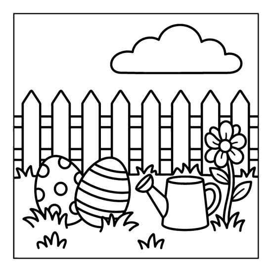 Two decorated eggs on the grass beside a simple watering can and fence, coloring sheet