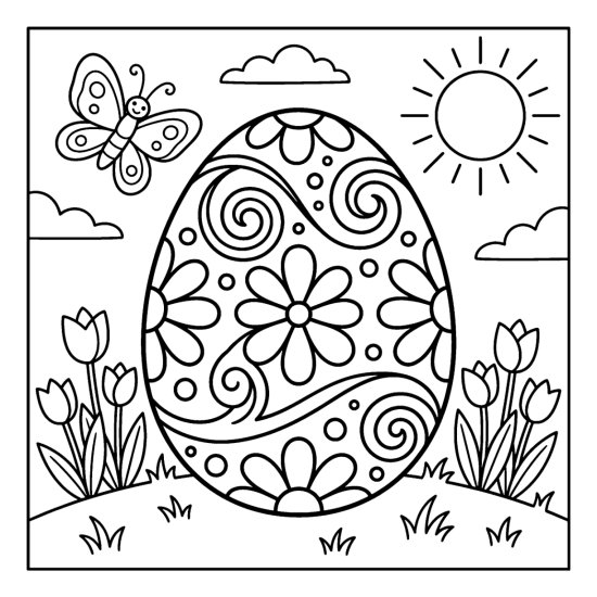 One very large ornately decorated Easter egg with bold swirls, dots and flowers, bold and easy