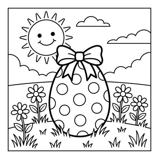 Large polka dot Easter egg topped with a ribbon bow standing among daisies, coloring page