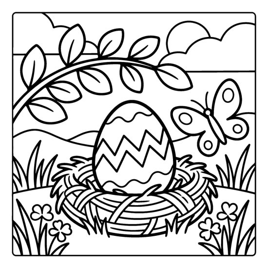 Zigzag patterned Easter egg resting inside a round straw nest with a butterfly nearby, coloring sheet