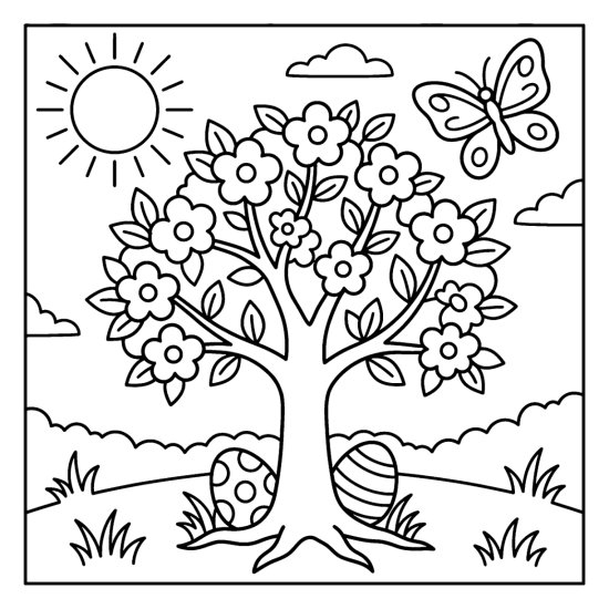 Blossoming spring tree on a grassy hill with two decorated eggs resting among its roots, bold and easy