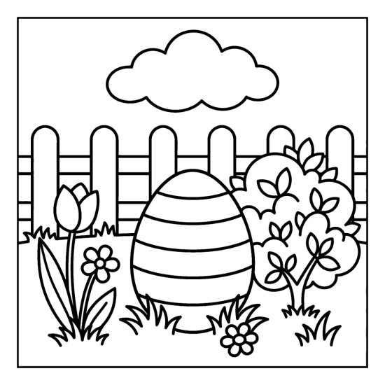 Striped Easter egg standing in a spring garden in front of a low picket fence coloring page