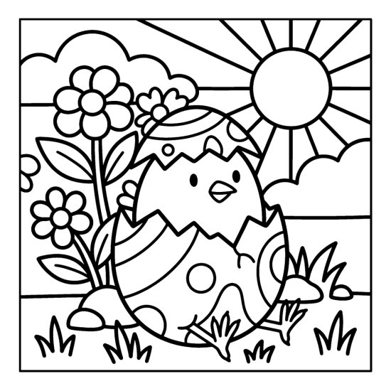 Round chick with two little legs peeking out of a cracked, patterned Easter egg coloring sheet