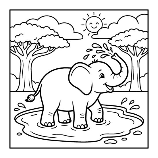 Elephant wallowing in a mud pool spraying its trunk under acacia trees, bold and easy