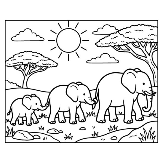 Three elephants of decreasing size walking trunk to tail across the savanna, coloring sheet