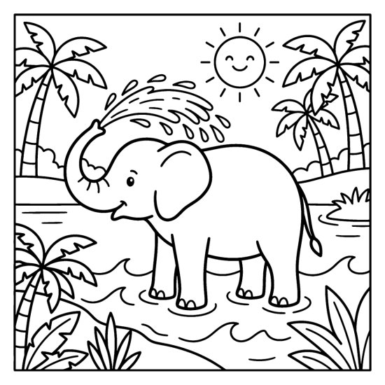 Elephant standing in a river arcing water over its back from its trunk, bold and easy