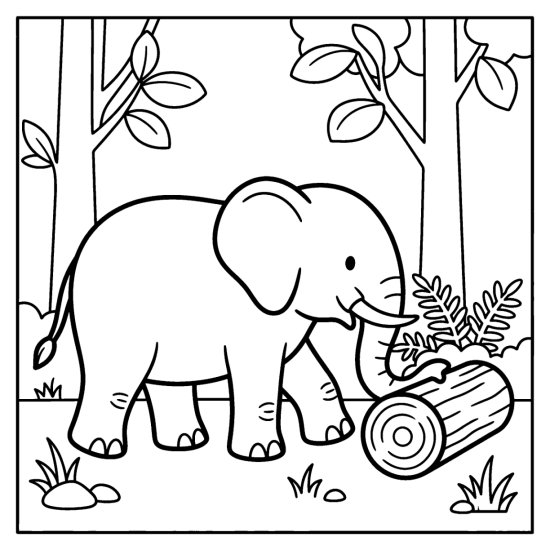 Elephant rolling a fallen log with its trunk in a forest clearing, coloring page