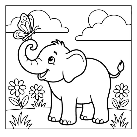 Elephant smiling at a butterfly perched on its raised trunk tip, coloring sheet