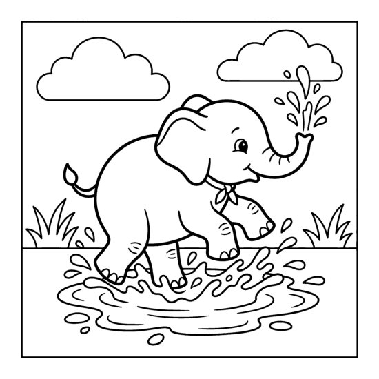 Baby elephant stomping and splashing in a small rain puddle, coloring page