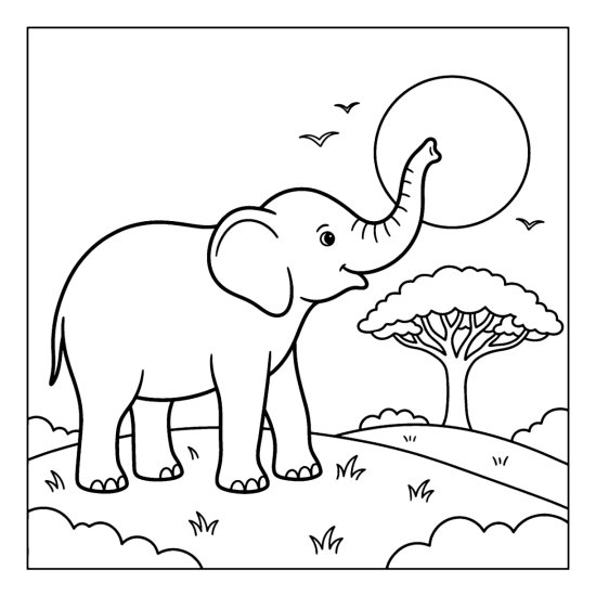 Elephant on a hilltop lifting its trunk toward a huge setting sun, coloring sheet