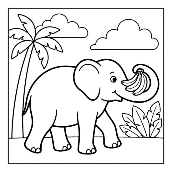 Elephant cradling a bunch of bananas in the loop of its trunk, bold and easy