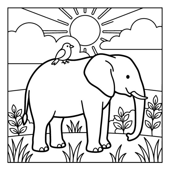 Elephant standing calmly while a small bird perches on its broad back, coloring page