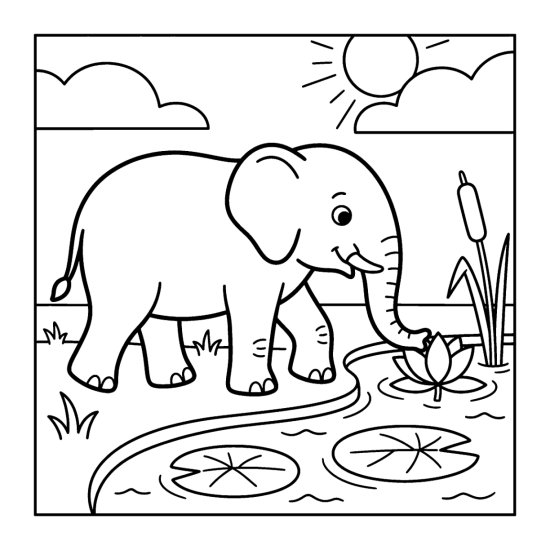 Elephant brushing an open lotus bloom with its trunk at a lily pond, coloring sheet