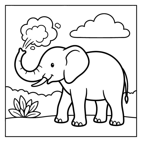 Elephant tossing a puff of dust over its shoulder with its trunk, coloring page