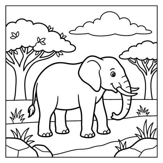 Elephant standing tall showing two short curved tusks on the open plain, bold and easy