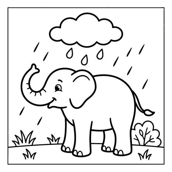Elephant with trunk curled up as gentle rain falls from a single cloud, coloring page