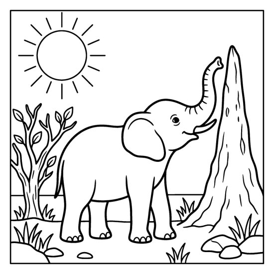 Elephant reaching its trunk toward a tall pointed termite mound, coloring sheet