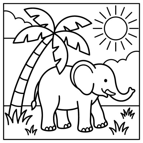 Elephant resting in the shade of a big leaning palm tree, bold and easy