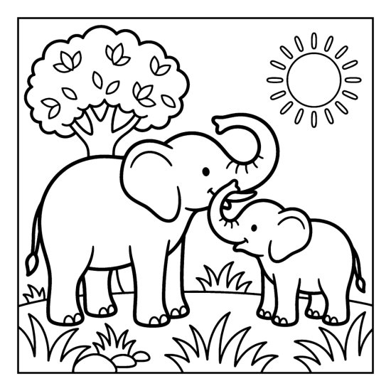 Mother and baby elephant curling their trunks together in a gentle nuzzle, coloring page