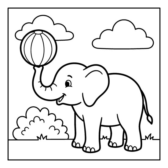 Elephant balancing a big round striped ball on the tip of its trunk, coloring sheet
