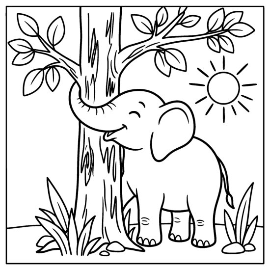 Elephant rubbing its side against a sturdy tree to scratch an itch, bold and easy
