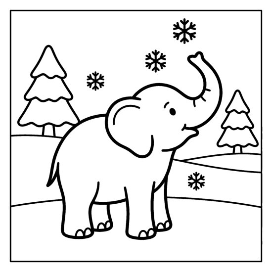 Elephant tilting its trunk up to catch falling snowflakes on a snowy field, coloring page