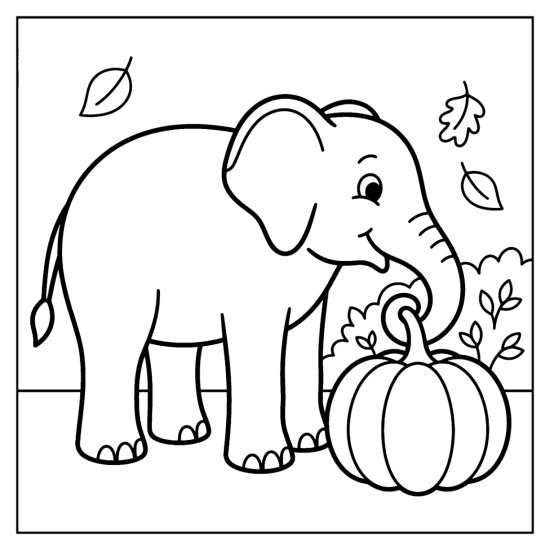 Elephant curling its trunk around a round pumpkin in an autumn field, coloring sheet