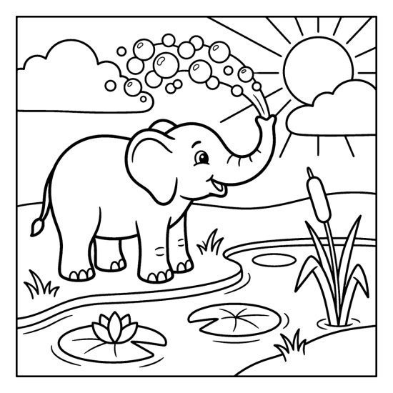 Elephant blowing a stream of round bubbles through its trunk at a pond, bold and easy