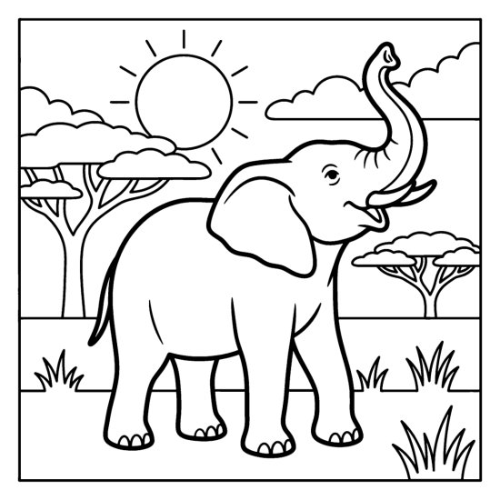 Elephant trumpeting with trunk raised and big ears spread on the grassland, coloring sheet