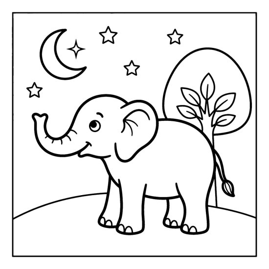 Elephant on a grassy hill gazing up at a crescent moon and stars, coloring page