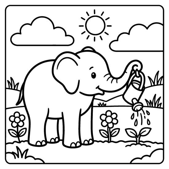 Elephant pouring water from a tipped watering can onto a small sprout, coloring sheet