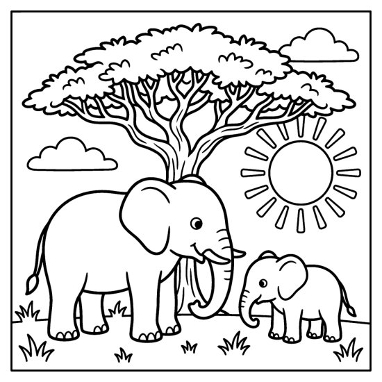 Big and baby elephant standing side by side under a flat topped acacia tree, bold and easy
