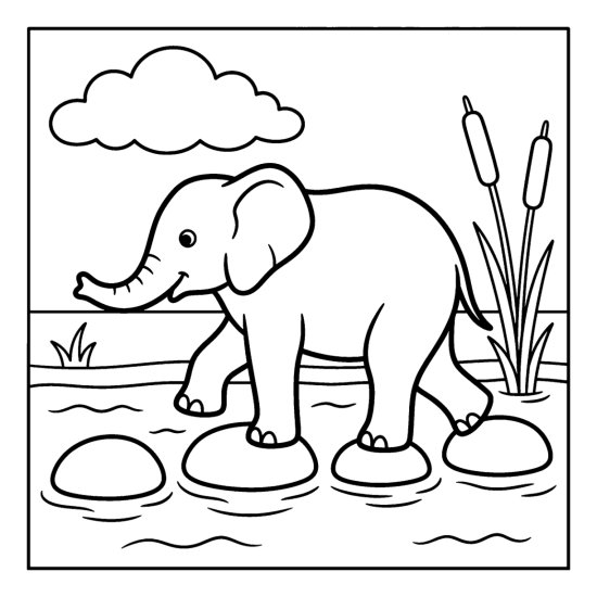 Elephant stepping over round stones to cross a shallow stream, coloring page