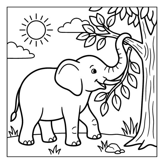 Elephant pulling a leafy branch down to munch with its trunk, coloring sheet