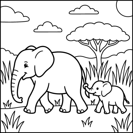 Mother and baby elephant walking together with the calf holding her tail, bold and easy