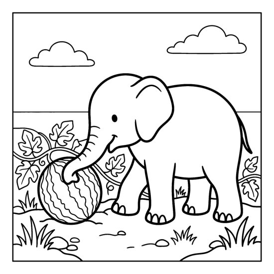 Elephant nudging a round striped watermelon with its trunk near leafy vines, coloring page